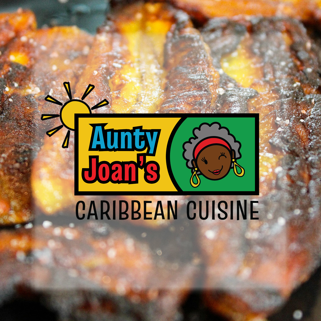 Aunty Joan's designed logo with plantain image in the background