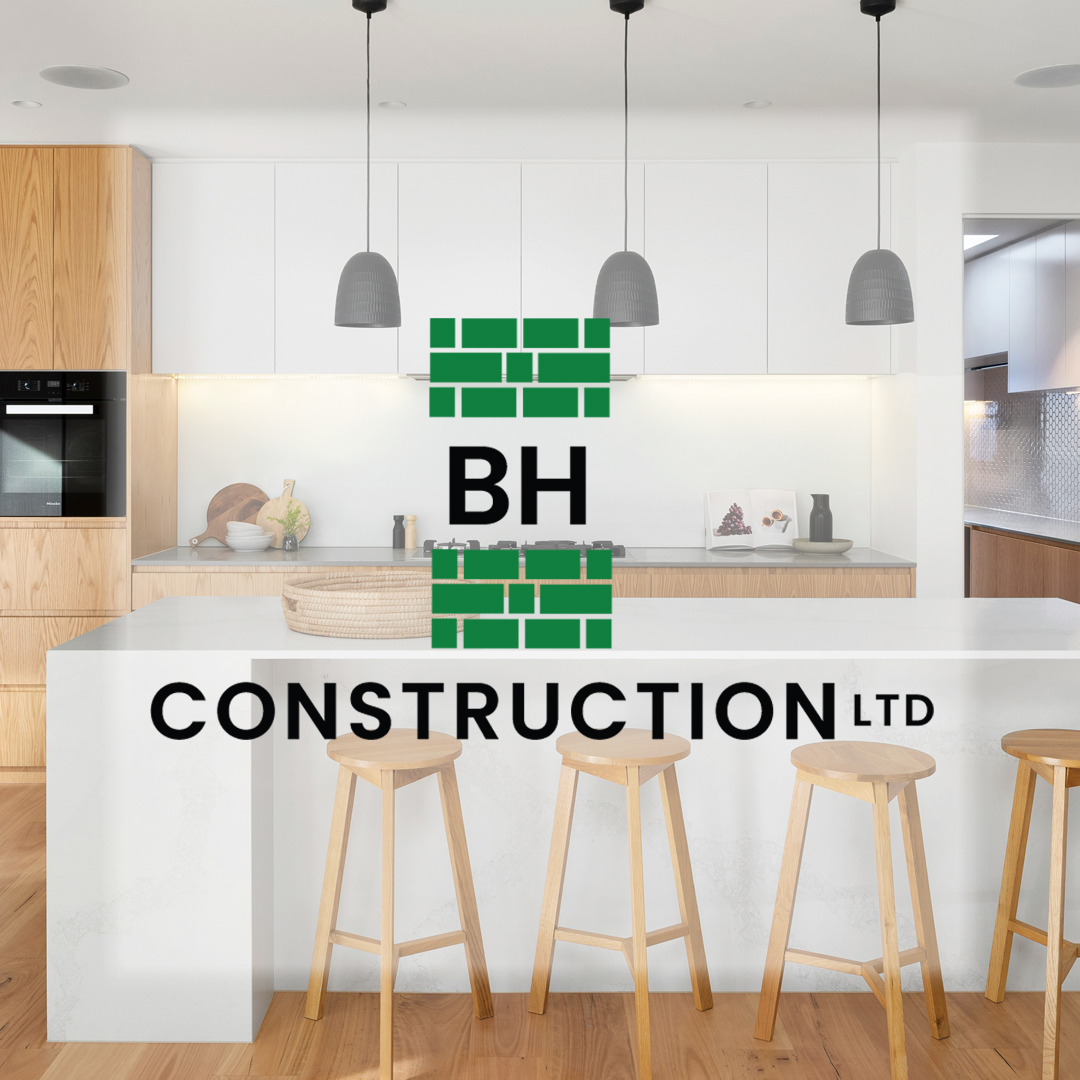 BH Construction designed logo with kitchen in the background