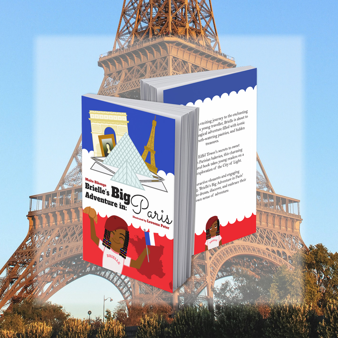 Brielle's Big Adventure designed book cover illustration with Eiffel Tower in the background