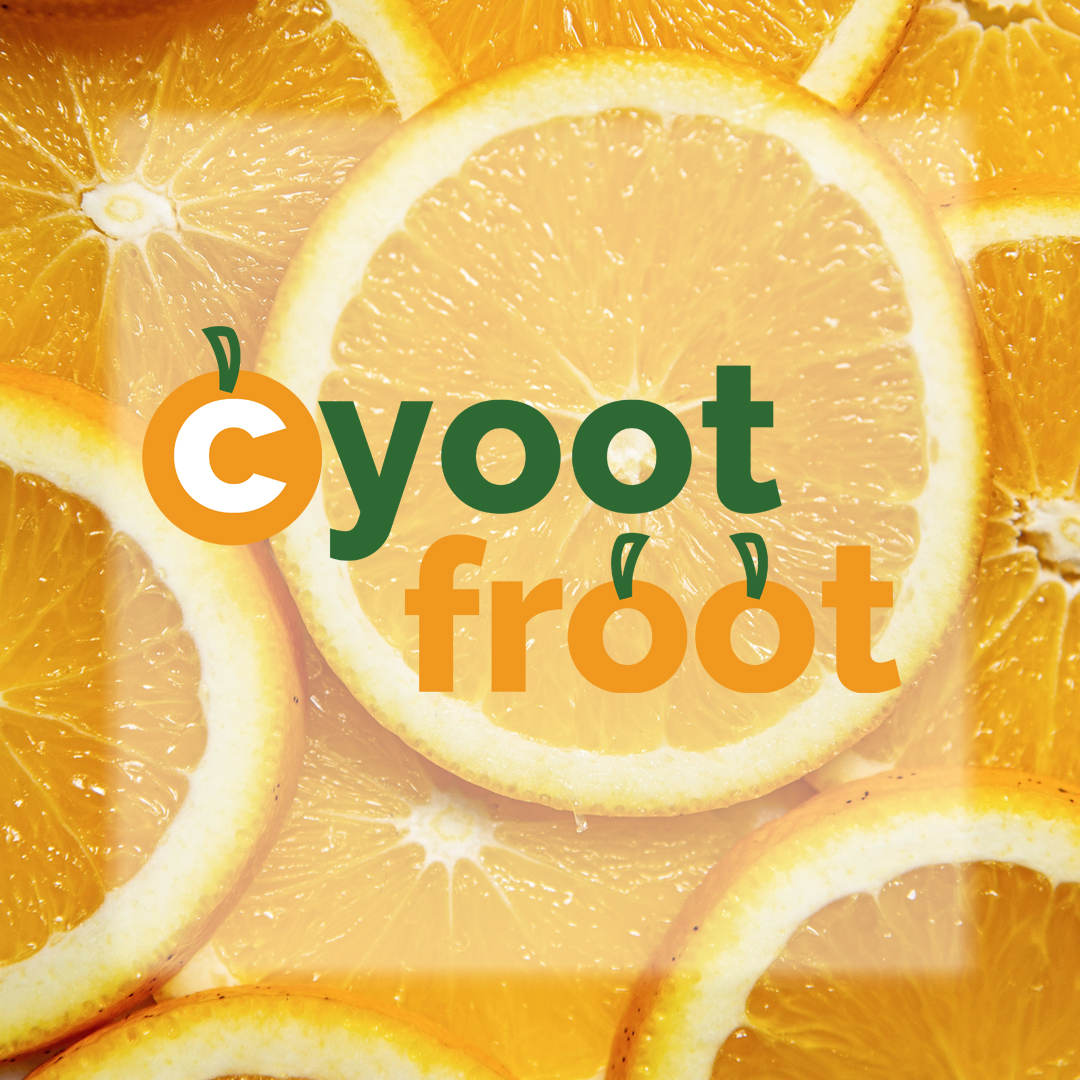 Cyoot Froot designed logo with oranges in the background