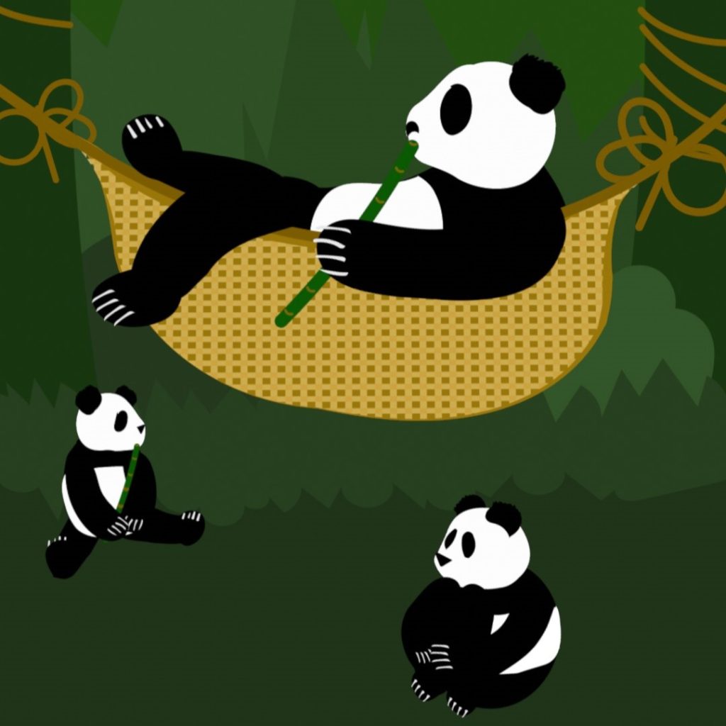 Illustration of pandas playing and swinging in a hammock